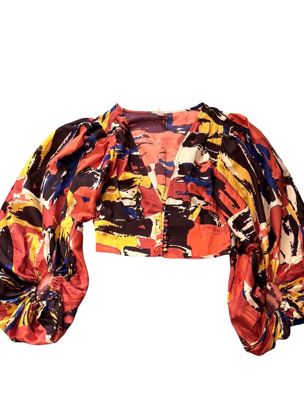 Live 4 Truth Multicolor Abstract Puff-Sleeve Crop Top in Red, Yellow & Blue